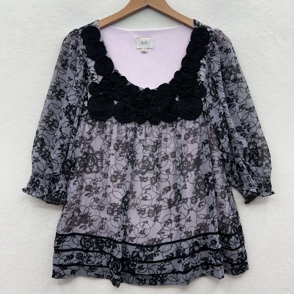 eci New York Top Women's 10 Black Pink Floral Motif 3/4 Slv Blouse